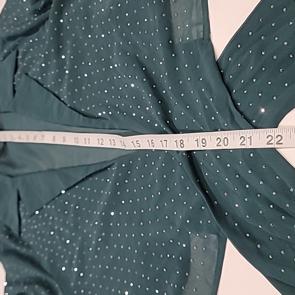 Top Chic Tie Front Semi Sheer Sparkle Studded Cropped Blouse Forest Green L - Picture 13 of 14